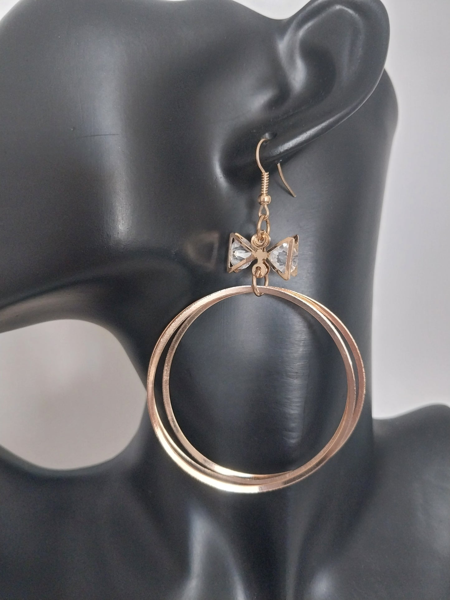 Cute Triple Gold Circle with Bow Diamante Drop - Large Gold Drop Collection