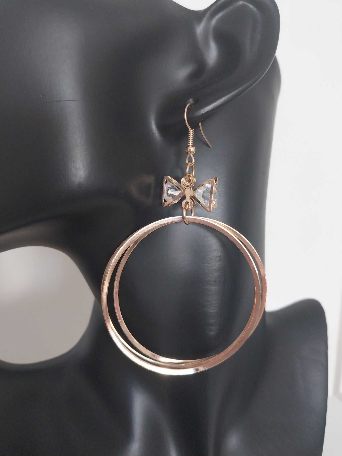 Cute Triple Gold Circle with Bow Diamante Drop - Large Gold Drop Collection